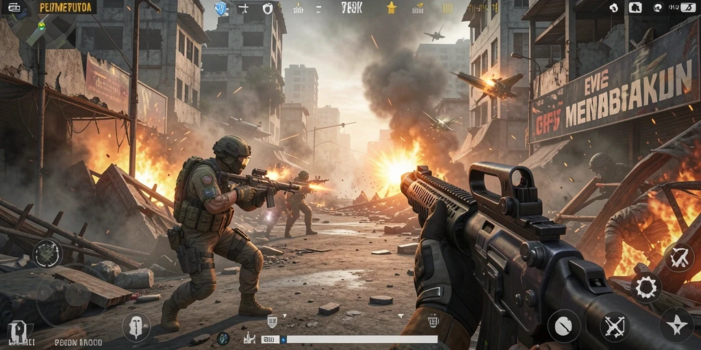 Screenshot gameplay 73K menampilkan aksi tembak-menembak yang intens.