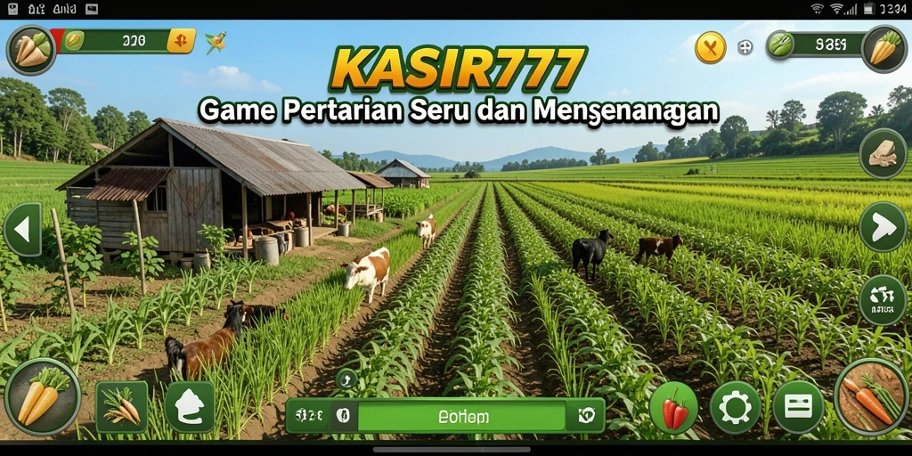 Tampilan gameplay KASIR777 yang menggambarkan pertanian aktif dengan tanaman hijau.