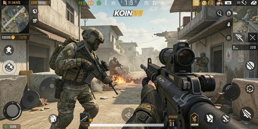 Tangkapan layar gameplay KOIN99 dengan aksi menegangkan di pertempuran FPS.