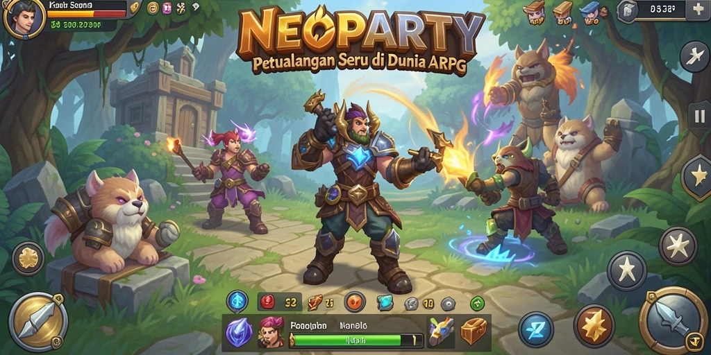 Tangkapan layar gameplay NEOPARTY menampilkan aksi seru dalam pertempuran ARPG.
